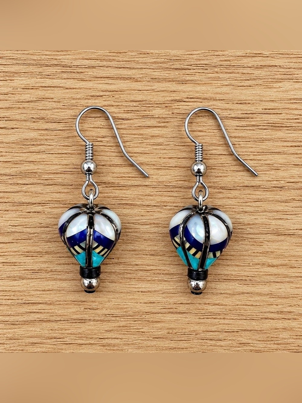 Vintage Southwestern Hot Air Balloon Turquoise Inlay Dangle Earrings